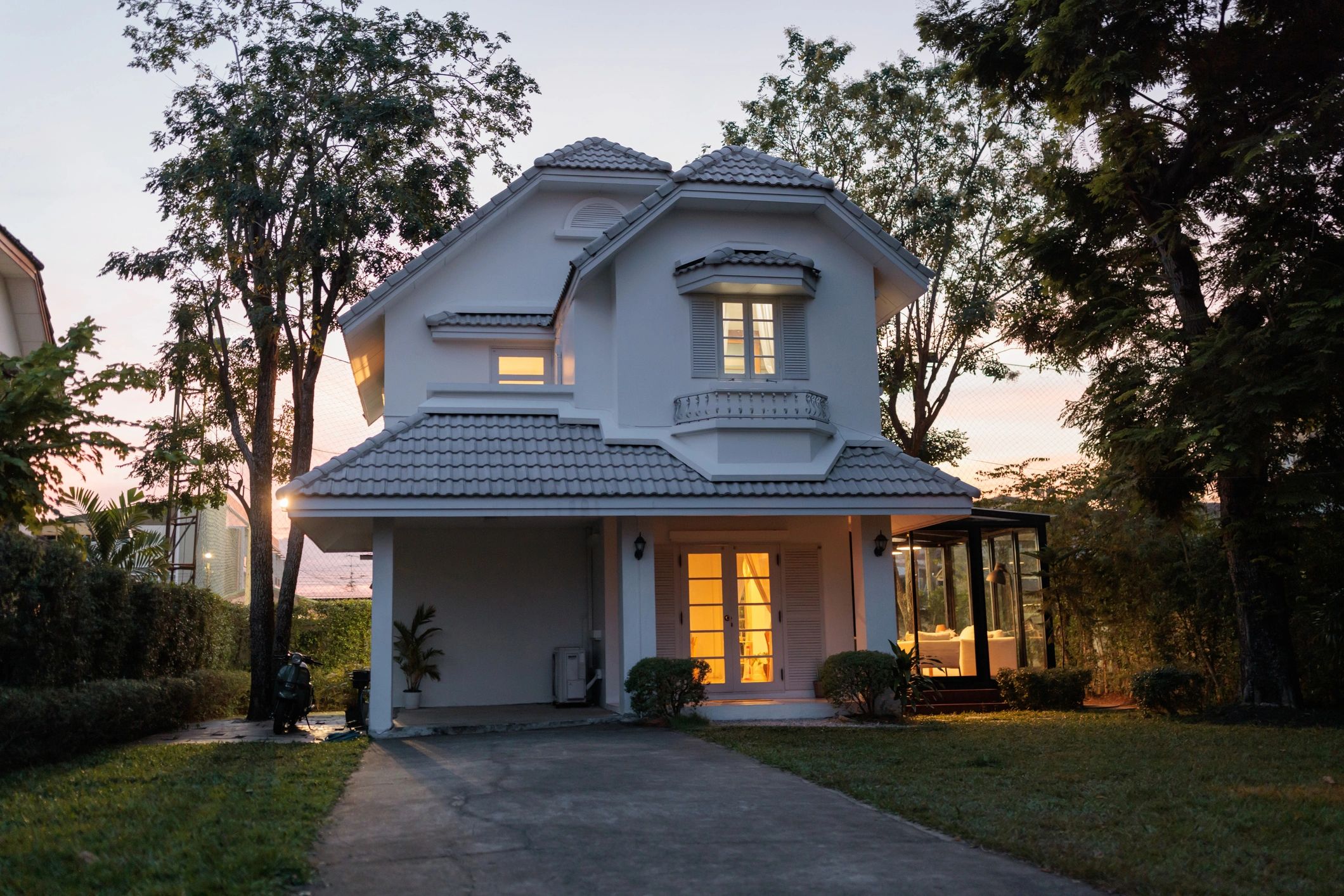 Newly constructed residential home exterior at dusk